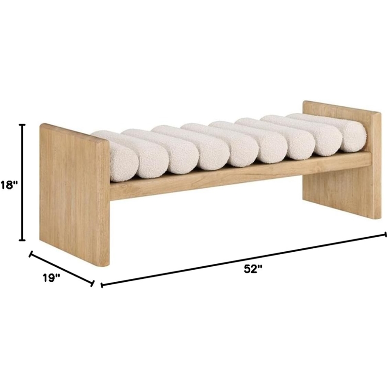 Pemberly Row Solid Wood Rich Bench in Natural with Cream Fabric Cushion Rolls