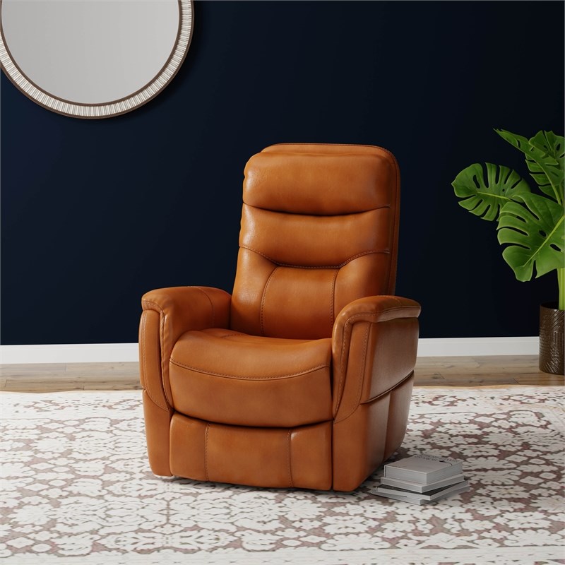 Pemberly Row Transitional Leather Manual Swivel Glider Recliner in Brown