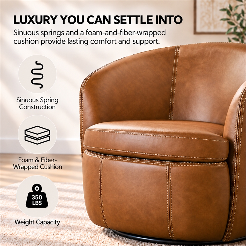 Pemberly Row Traditional Vintage All Italian Leather Swivel Club Chair in Brown