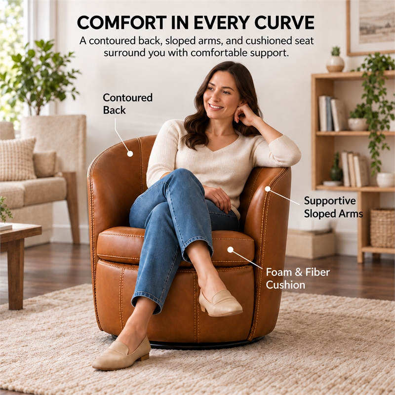 Pemberly Row Traditional Vintage All Italian Leather Swivel Club Chair in Brown