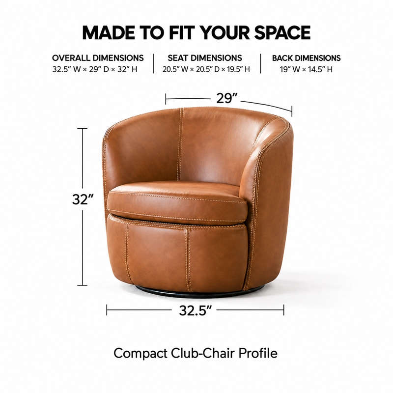 Pemberly Row Traditional Vintage All Italian Leather Swivel Club Chair in Brown