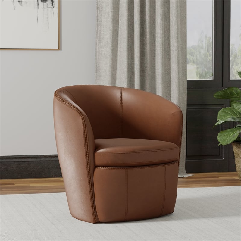 Pemberly Row Traditional Vintage All Italian Leather Swivel Club Chair in Brown