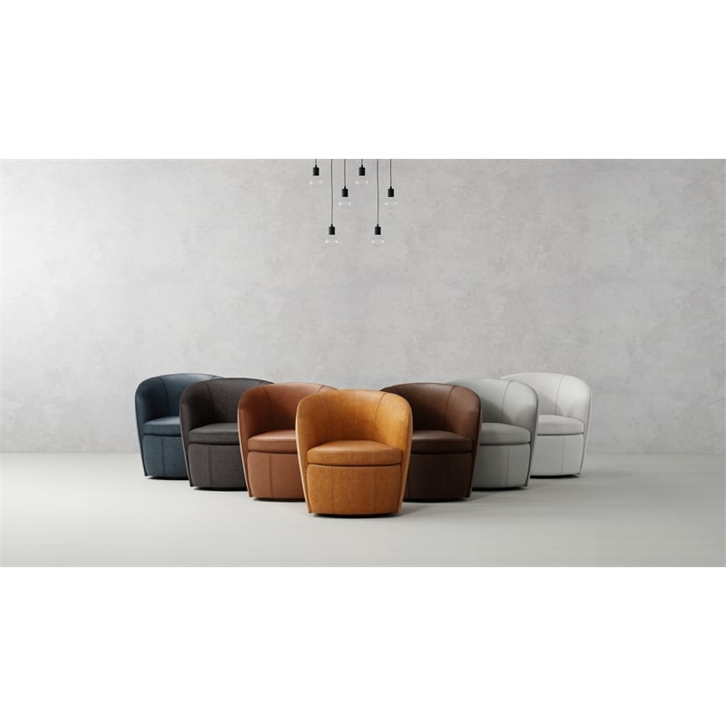 Pemberly Row Traditional Vintage All Italian Leather Swivel Club Chair in Brown