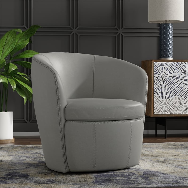 Pemberly Row Traditional All Italian Leather Gray Swivel Club Chair