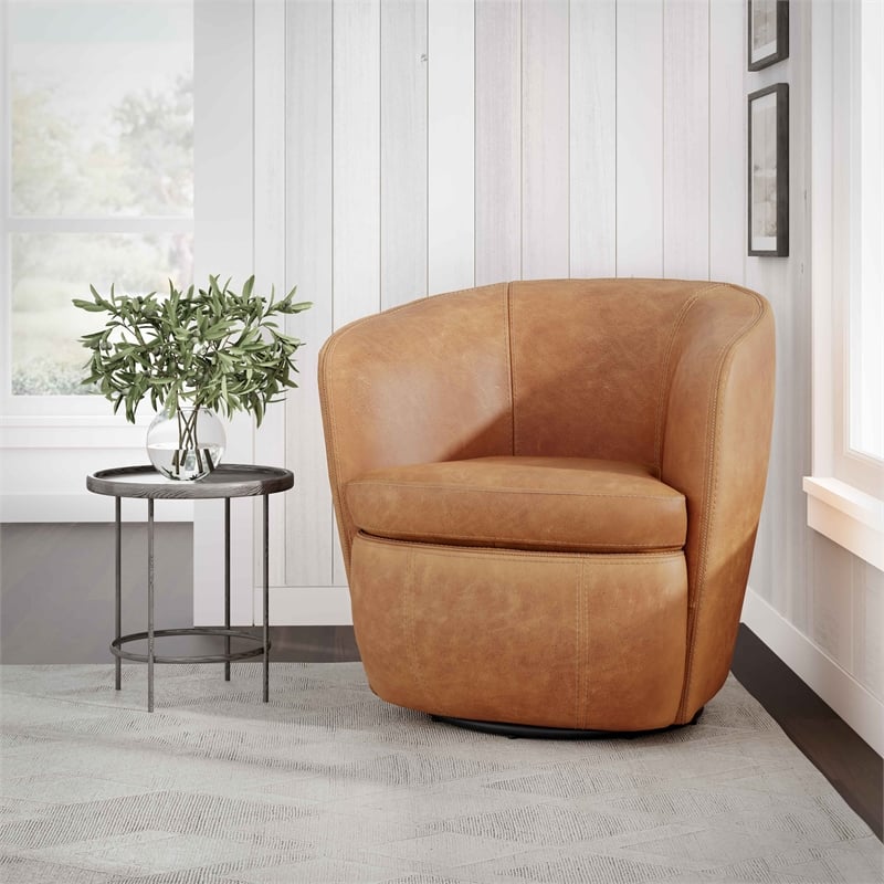 Pemberly Row Genuine Italian Leather Brown Swivel Club Chair (Two Pack)