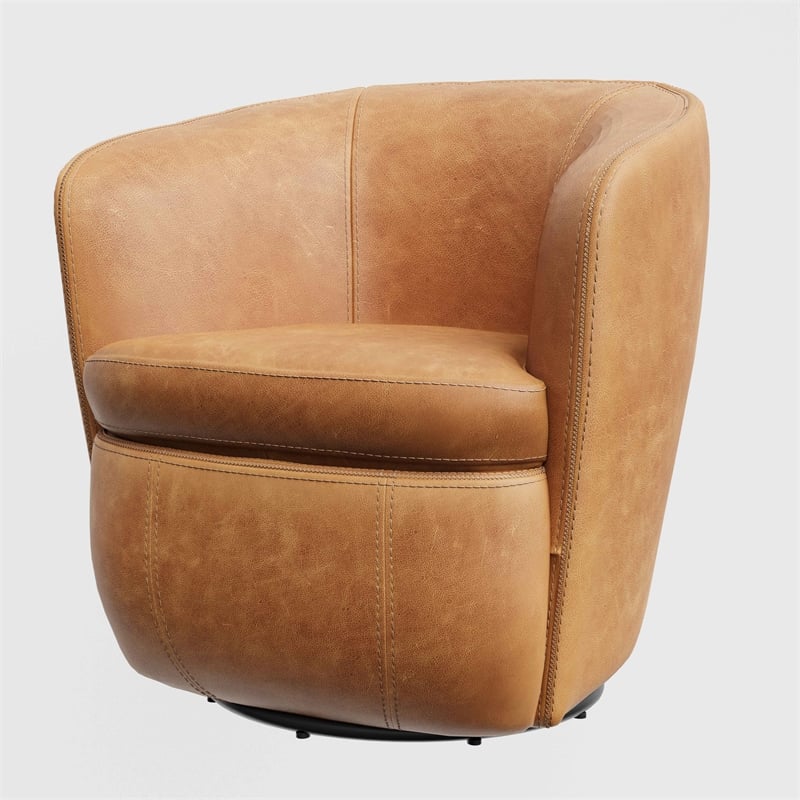 Pemberly Row Genuine Italian Leather Brown Swivel Club Chair (Two Pack)
