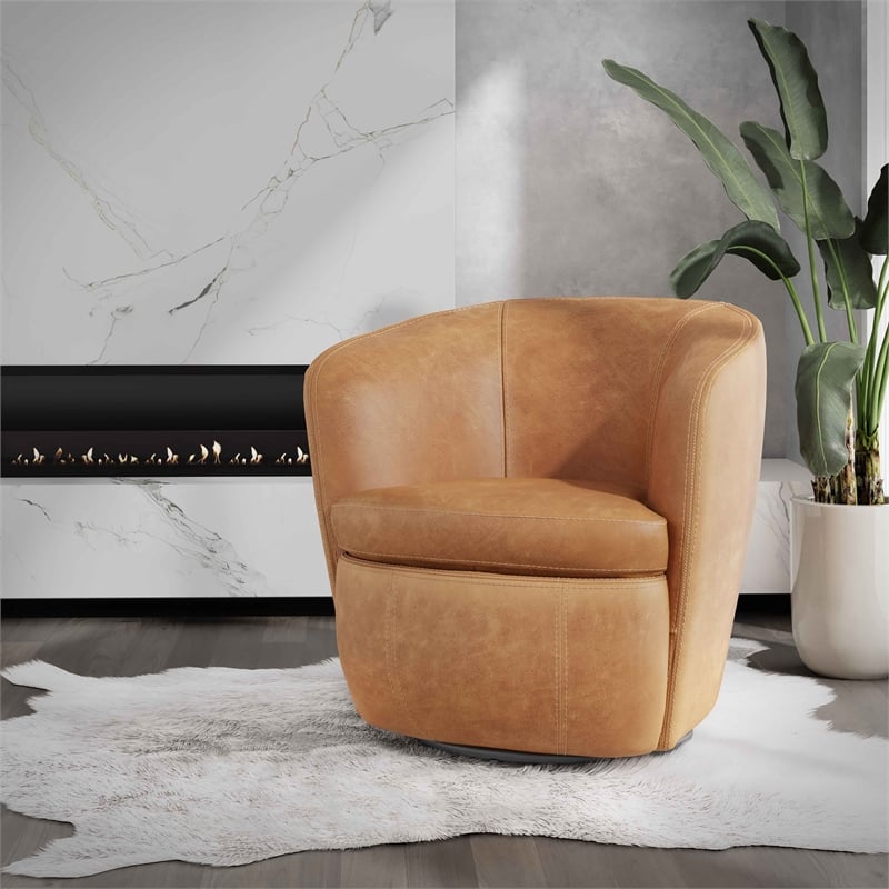 Pemberly Row Genuine Italian Leather Brown Swivel Club Chair (Two Pack)