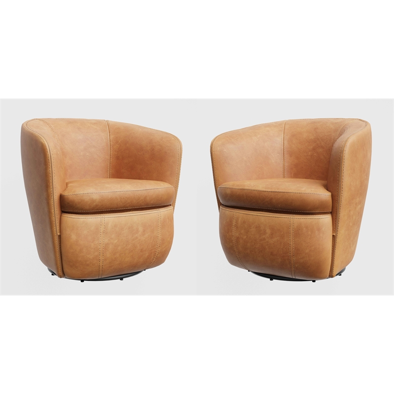 Pemberly Row Genuine Italian Leather Brown Swivel Club Chair (Two Pack)
