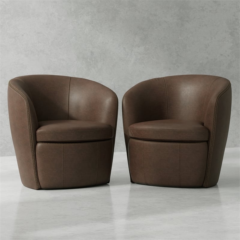 Pemberly Row Vintage Brown Italian Leather Swivel Club Chair (Two Pack)