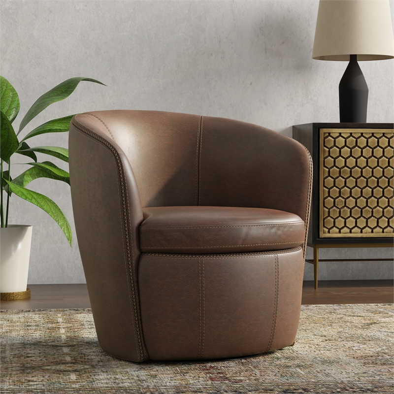 Pemberly Row Vintage Brown Italian Leather Swivel Club Chair (Two Pack)