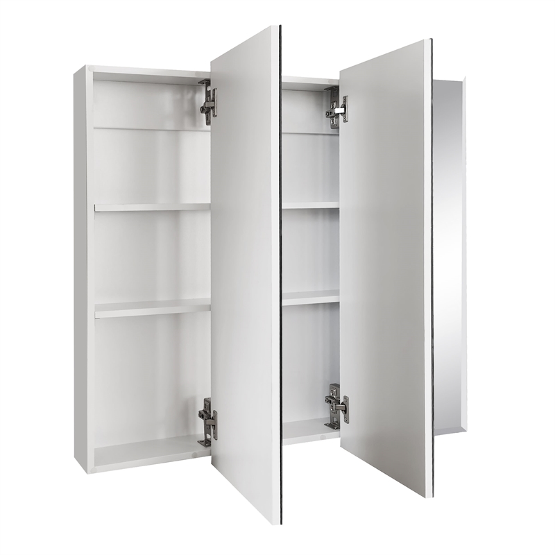 Pemberly Row White Medicine Cabinet Glass Mirror with 3 Frameless Mirrored Doors