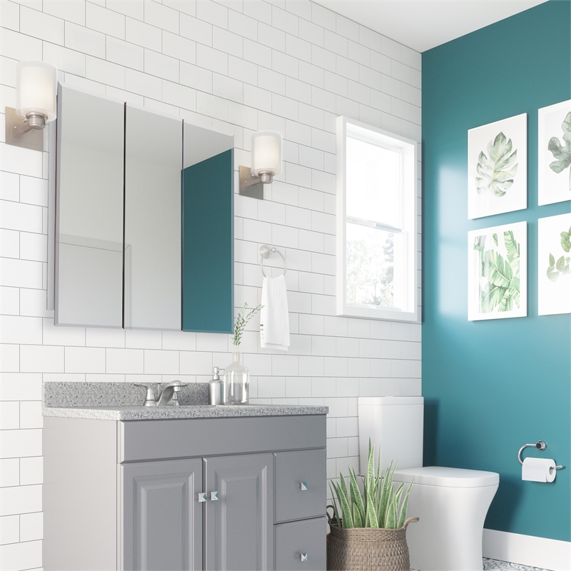 Pemberly Row White Medicine Cabinet Glass Mirror with 3 Frameless Mirrored Doors