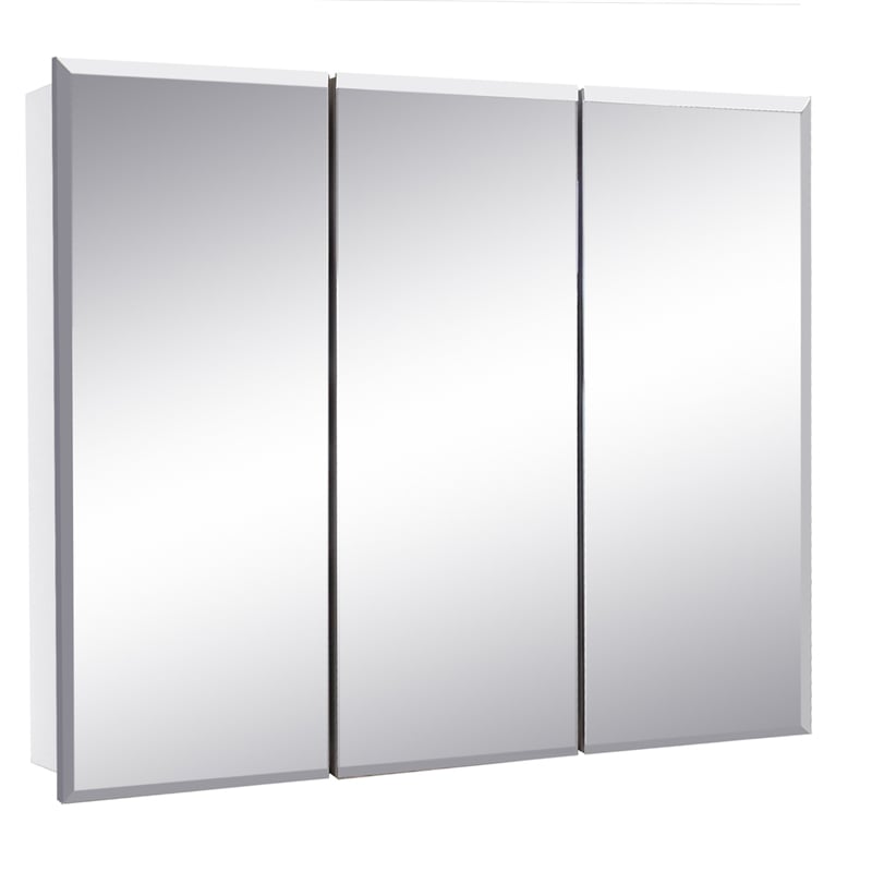 Pemberly Row White Medicine Cabinet Glass Mirror with 3 Frameless Mirrored Doors