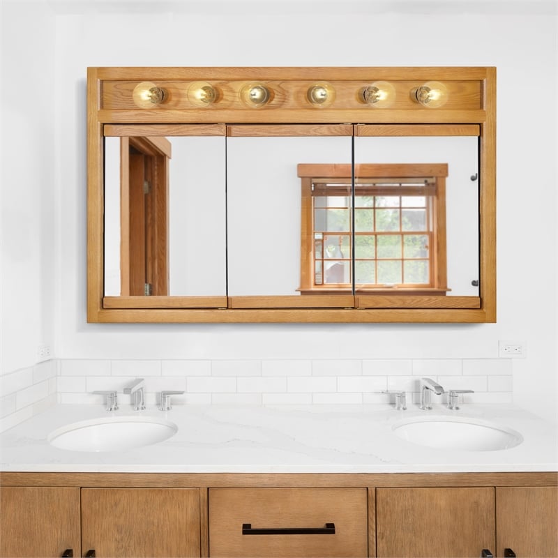 Pemberly Row 48-Inch Lighted Wood Medicine Cabinet in Nutmeg Oak