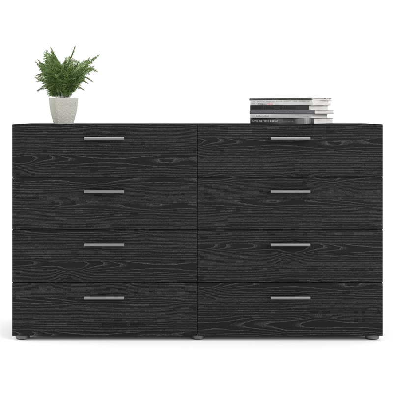 Pemberly Row Set of 2 Wood Nightstand and Double Dresser in Black Woodgrain