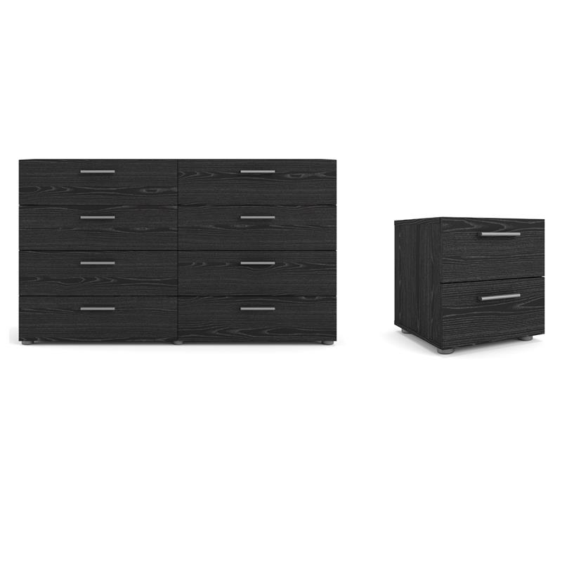 Pemberly Row Set of 2 Wood Nightstand and Double Dresser in Black Woodgrain