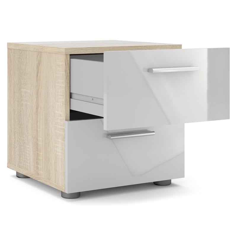 Pemberly Row Set of 2 Wood Nightstand and Double Dresser in Oak and White