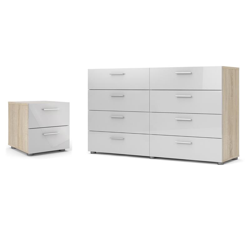 Pemberly Row Set of 2 Wood Nightstand and Double Dresser in Oak and White