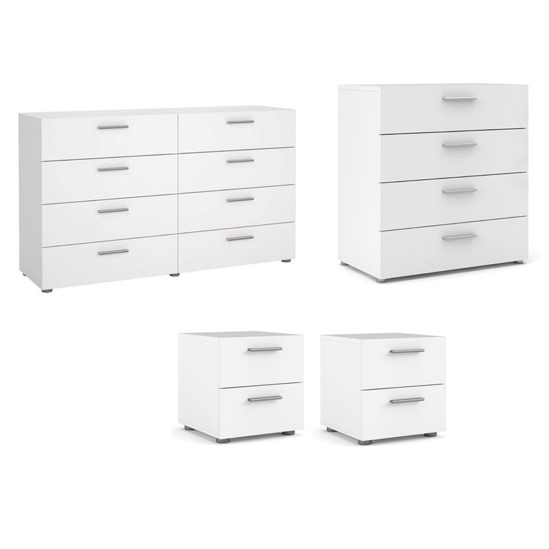 Pemberly Row Set of 4 Wood Double Dresser and Chest and 2 Nightstands in White