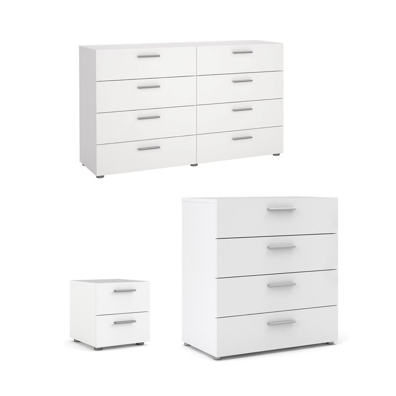 Pemberly Row Set of 3 Wood Double Dresser and Chest and Nightstand in White