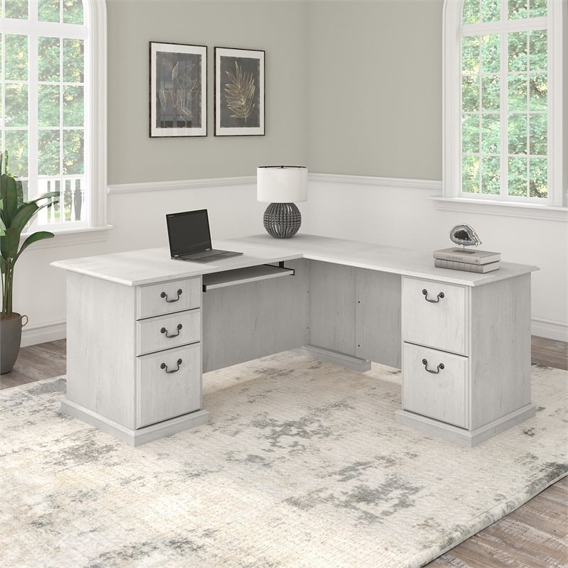 Pemberly Row L Shaped Computer Desk with Drawers in Linen White