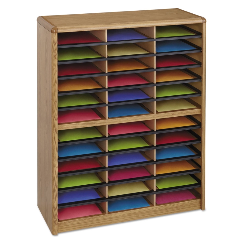 Pemberly Row 36 Compartment Metal File Organizer in Medium Oak