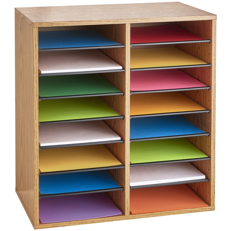 Pemberly Row Medium Oak 16 Compartment Wood Adjustable File Organizer