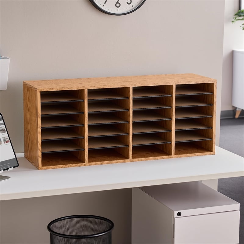 Pemberly Row Medium Oak 24 Compartment Wood Adjustable File Organizer