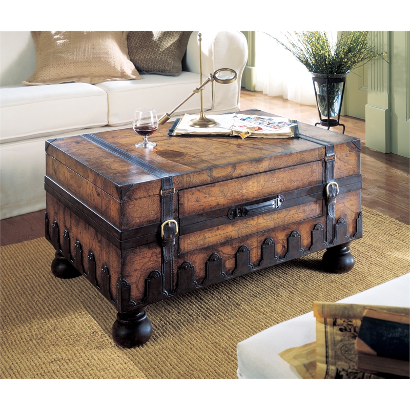 Pemberly Row Contemporary Old World Map Wood Trunk Table in Brown