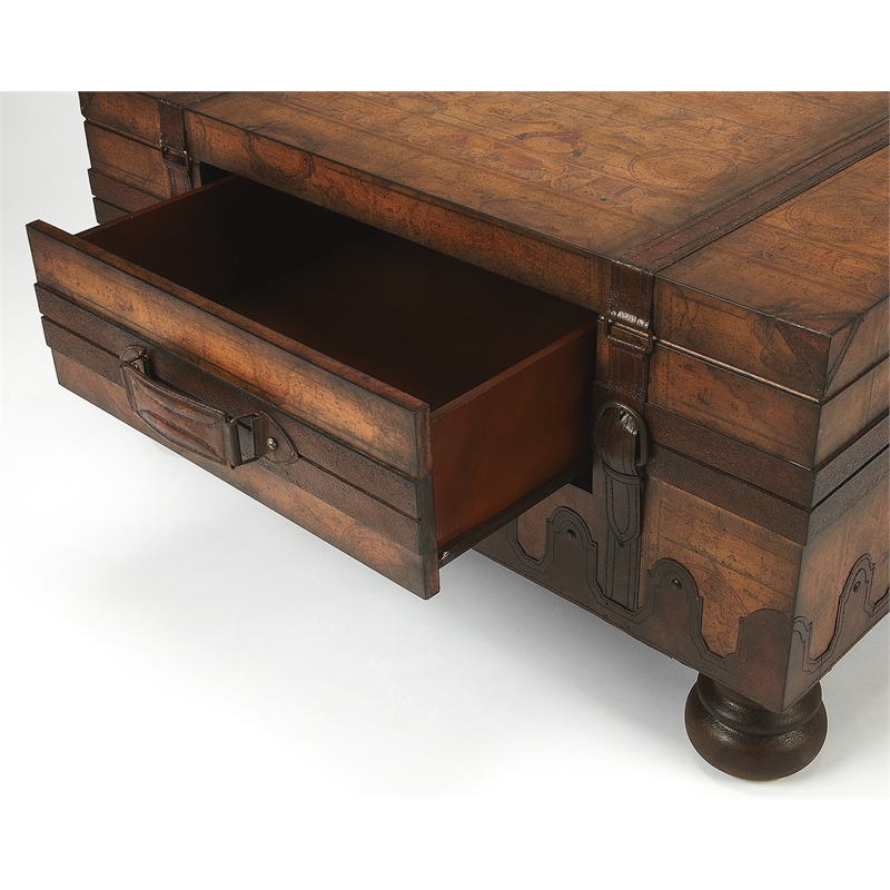 Pemberly Row Contemporary Old World Map Wood Trunk Table in Brown