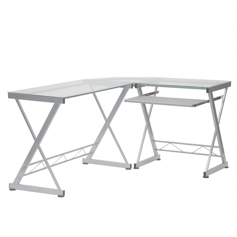 Pemberly Row Modern Reversible L-Shaped Clear Glass Top Computer Desk