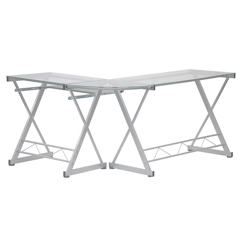 Pemberly Row Modern Reversible L-Shaped Clear Glass Top Computer Desk