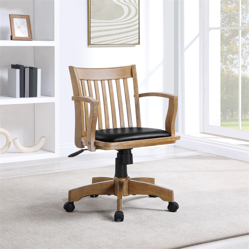 Pemberly Row Wood Bankers Chair with Black Vinyl Padded Seat in Fruit Brown Wood