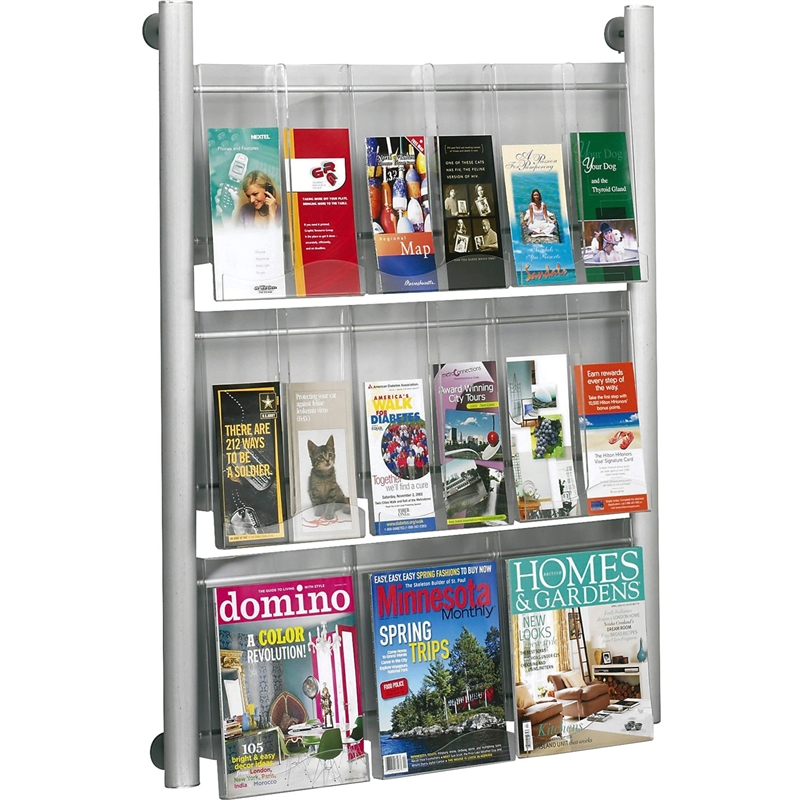 Pemberly Row Contemporary 9 pocket Magazine Rack in Silver Finish