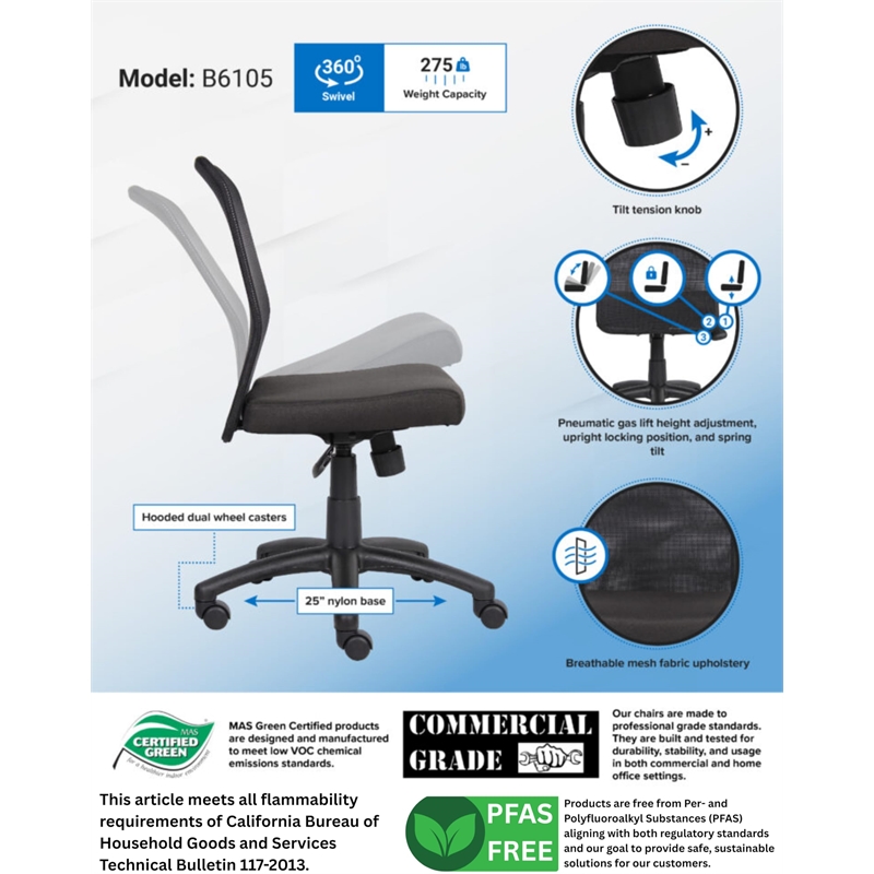 Pemberly Row Contemporary Mesh Task Office Chair in Black Finish