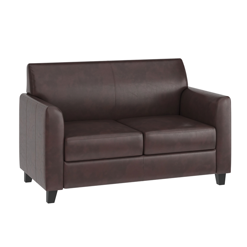Pemberly Row Contemporary Diplomat Leather Loveseat in Brown