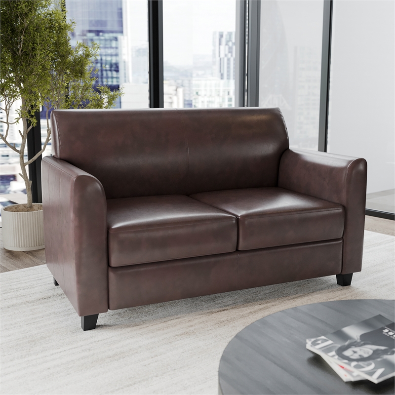 Pemberly Row Contemporary Diplomat Leather Loveseat in Brown