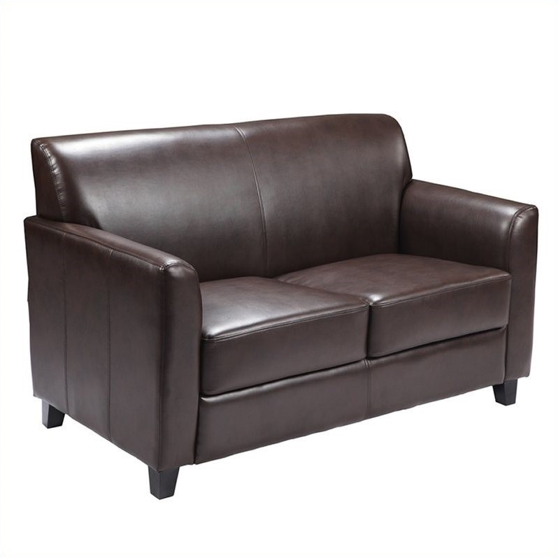 Pemberly Row Contemporary Diplomat Leather Loveseat in Brown