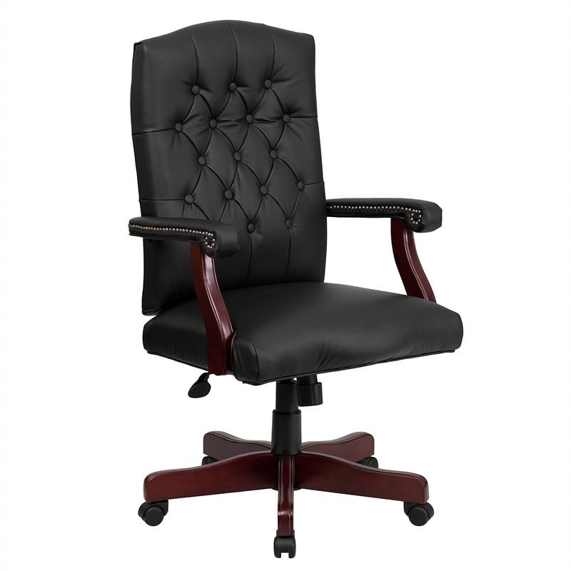 Pemberly Row Contemporary Leather Swivel Office Chair in Black
