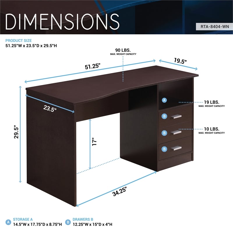 Pemberly Row Classy Computer Desk with 3 Drawers in Espresso