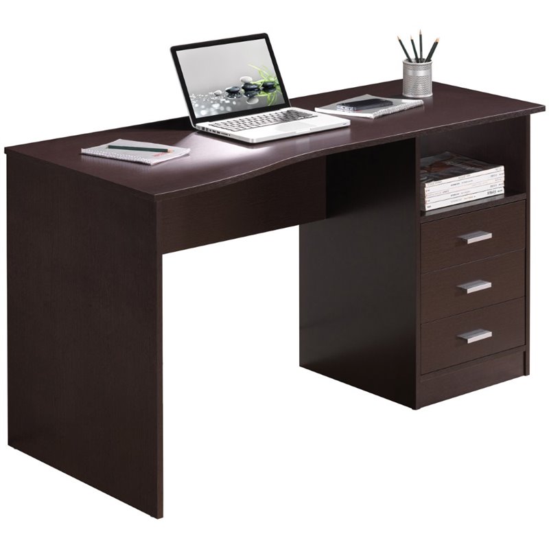 Pemberly Row Classy Computer Desk with 3 Drawers in Espresso