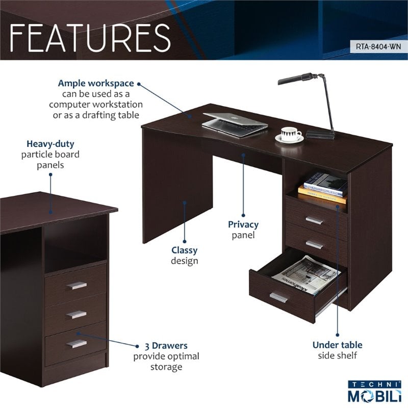 Pemberly Row Classy Computer Desk with 3 Drawers in Espresso