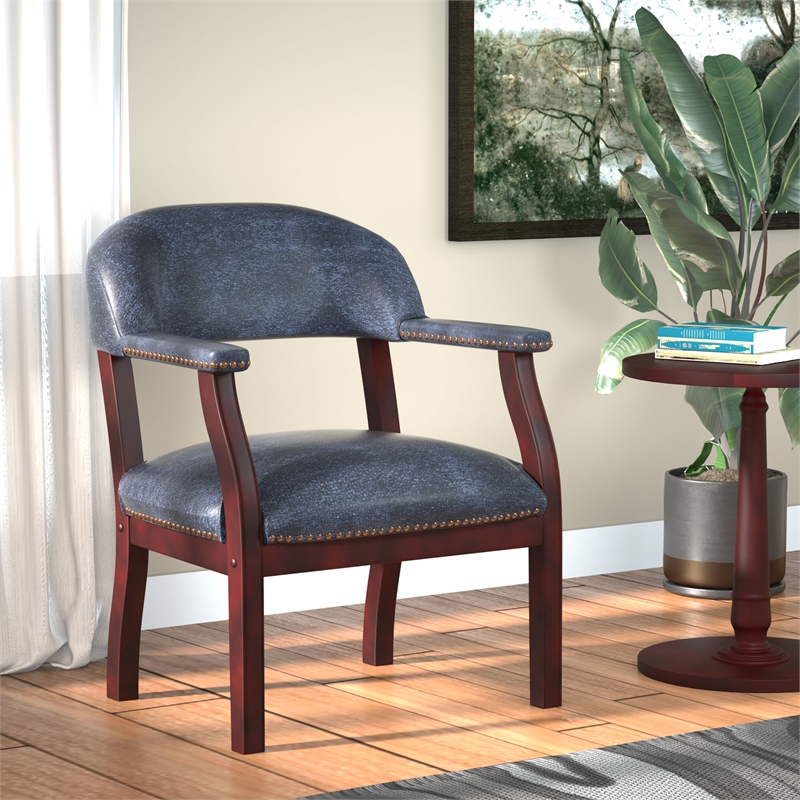 Pemberly Row Contemporary Captains Chair in Blue and Mahogany