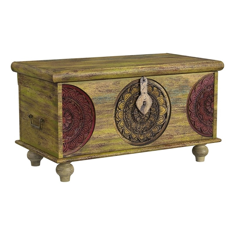 Pemberly Row Contemporary Mesa Carved Wood Trunk Coffee Table
