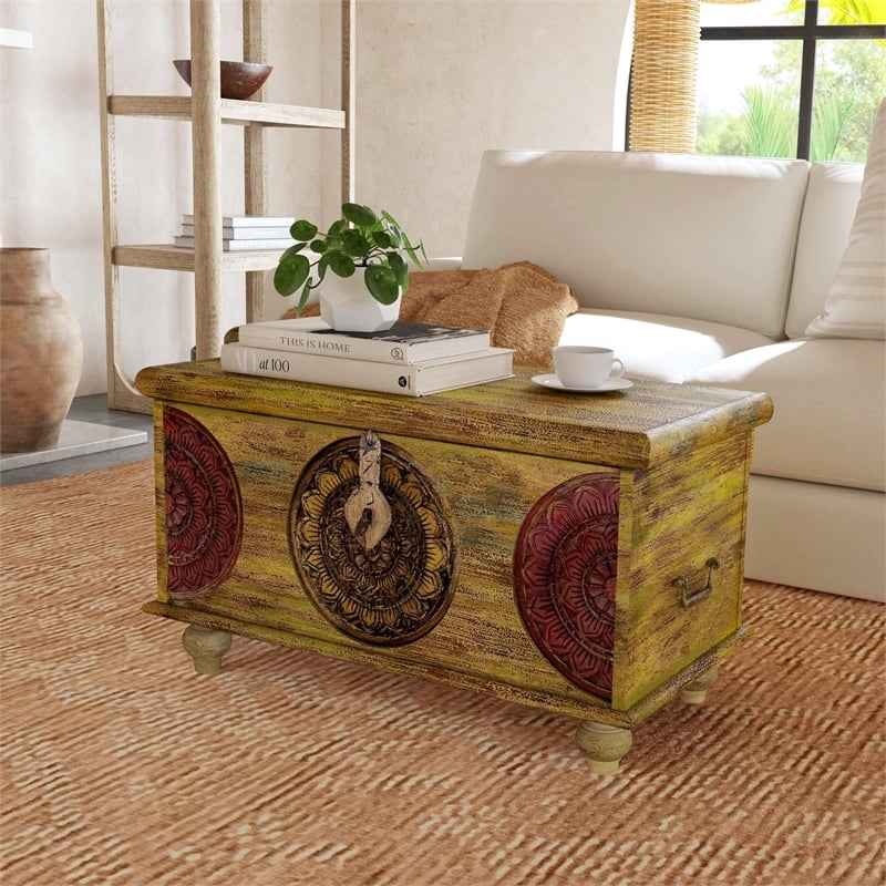 Pemberly Row Contemporary Mesa Carved Wood Trunk Coffee Table