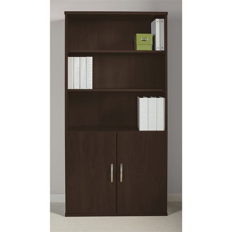 Pemberly Row 36W 5 Shelf Bookcase with Doors in Mocha Cherry - Engineered Wood
