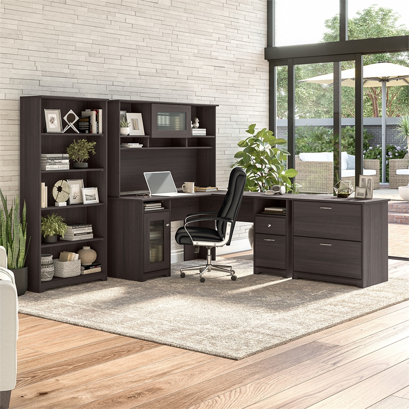 Pemberly Row L Desk with Hutch File & Bookcase in Heather Gray - Engineered Wood