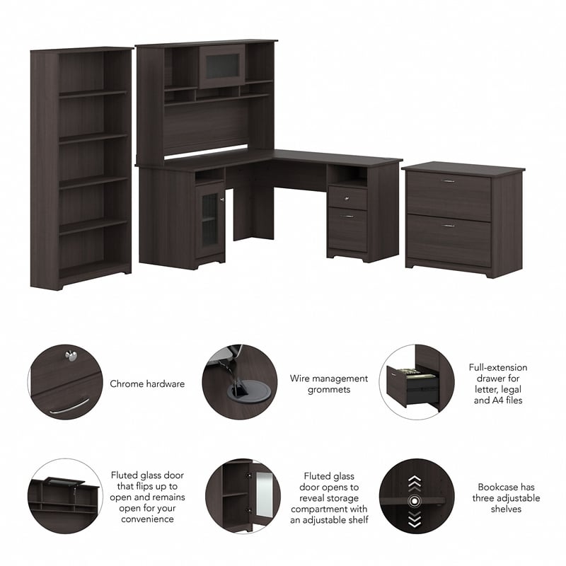Pemberly Row L Desk with Hutch File & Bookcase in Heather Gray - Engineered Wood
