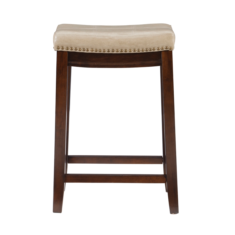 Pemberly Row Backless Counter Stool Beige Faux Leather Wood Frame in Brown