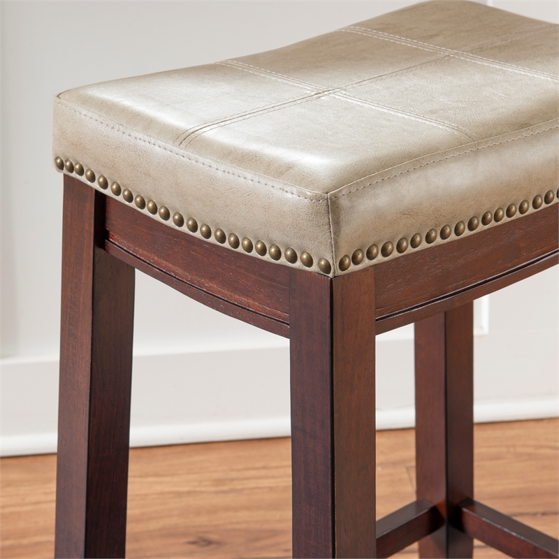 Pemberly Row Backless Counter Stool Beige Faux Leather Wood Frame in Brown